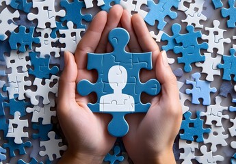 Hands place the final blue puzzle piece to complete an employee silhouette among white outlines. This HR-themed image symbolizes talent acquisition and team integration for corporate management