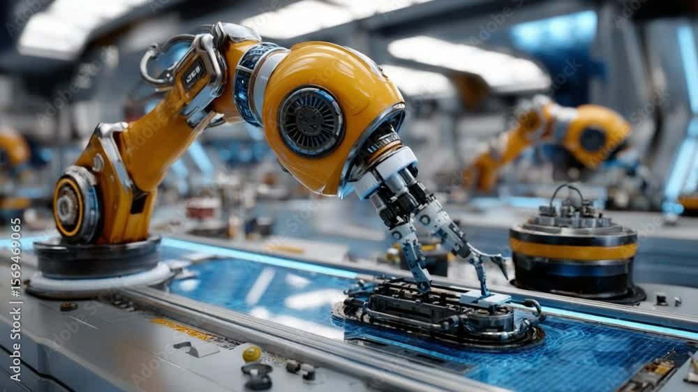 Aufkleber robotic precision: an industrial robot arm, meticulously maneuvers within a modern manufacturing env