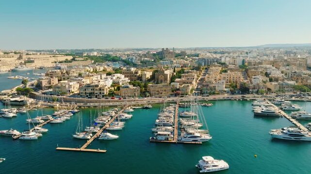 Drone aerial view of Msida yacht marina, Ta' Xbiex city. Malta island