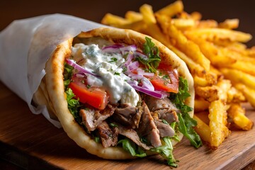 A close-up of a gyros with a side of crispy french fries