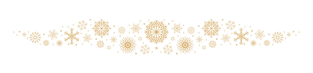 Sparkles stars, snowflakes border. Christmas banner. Gold snowflakes wave dot particles isolated on transparent background. Seamless pattern for New Year invitation, gritting card. Vector illustration