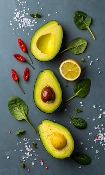 Fresh avocados with chili peppers lemon slice spinach and sea salt scattered on a dark surface