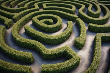 Green hedge maze garden with sunlit paths and lush vibrant foliage in summer atmosphere