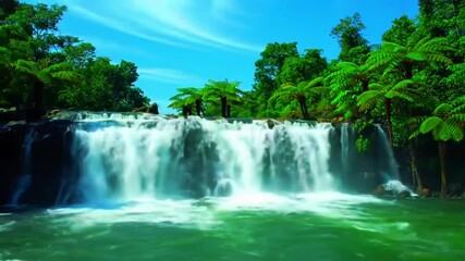 Sebuah air terjun hutan hujan tropis realistic 4K cinematic, air hijau-kristal jatuh deras ke kolam dangkal, tercipta percikan dramatis dan gelombang lembut, disinari matahari tengah hari lembut