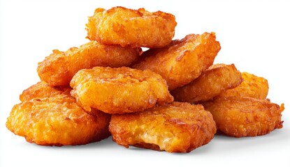 Golden Potato Bites Stack Crispy and Delicious Potato Rings Stacked on White Background