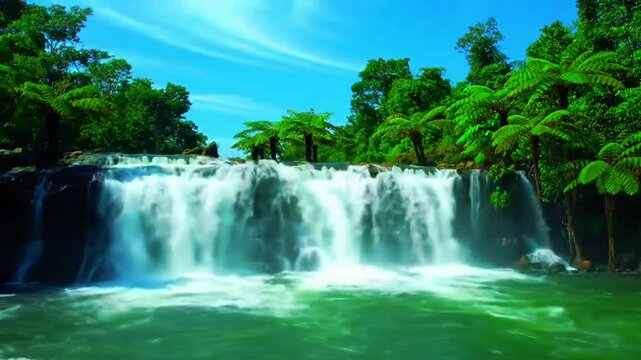 Sebuah air terjun hutan hujan tropis realistic 4K cinematic, air hijau-kristal jatuh deras ke kolam dangkal, tercipta percikan dramatis dan gelombang lembut, disinari matahari tengah hari lembut