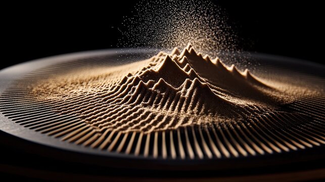 Air pressure visualization through sound wave patterns forming golden sand ridges on resonating plate captured in warm sunlight with geometric precision