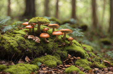  Lush Forest Floor Covered with Moss, Leaves, and Mushrooms