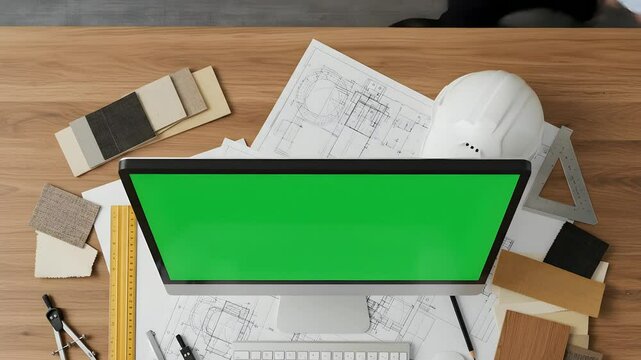 Top view of architect's desk with green screen computer monitor for chroma key replacement
