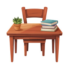 Wooden Desk and Chair with Books and Plant