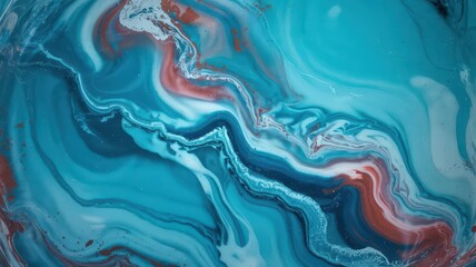 Obraz premium Resin abstract overhead view featuring coral and turquoise pigments with white swirls creating marble-like patterns in transparent medium