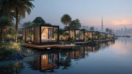 Obraz premium Modern cabins on a tranquil water's edge