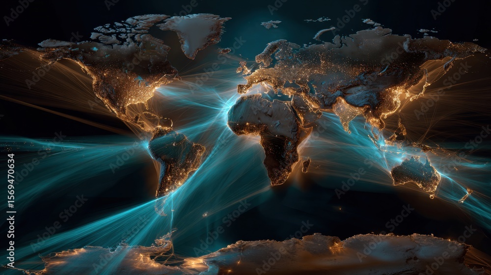 Poster global data flow visualization world map digital art abstract aerial view connectivity concept