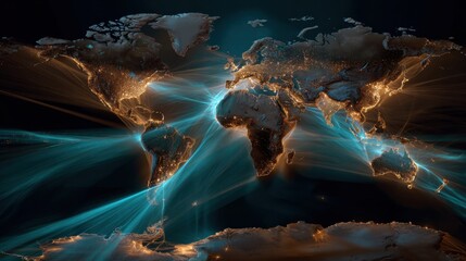 Global data flow visualization world map digital art abstract aerial view connectivity concept