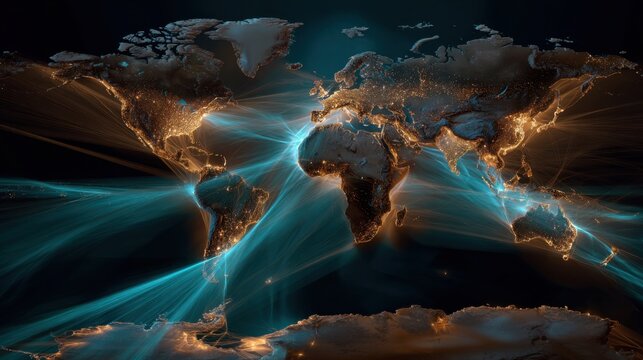 Global data flow visualization world map digital art abstract aerial view connectivity concept