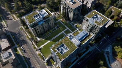 Sustainable urban living modern apartment complex seattle aerial view green roof architecture eco-friendly design