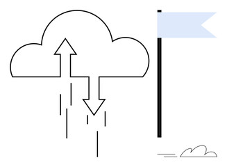 Cloud with upward and downward arrows indicating data transfer, a flag symbolizing achievement, and minimal details. Ideal for technology, communication, success, storage, goals, internet management