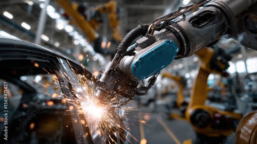 Poster automated welding process manufacturing facility industrial robotics high-tech environment close-up 