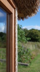 Detailed view of window frame with thatch roof and rope binding in natural setting.