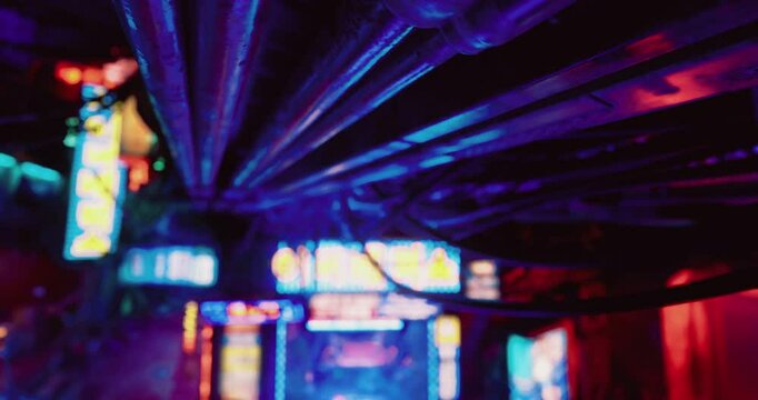 An urban alleyway glows with vibrant neon lights in various hues. Intricate wiring hangs above, creating a maze like effect in this atmospheric setting, suggesting a bustling nightlife.