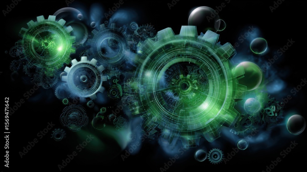 Poster machinery in action dynamic gears and cogs industrial environment digital art abstract view