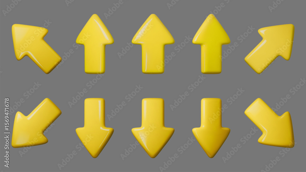 Poster yellow 3d arrow vector set illustrating multiple directions. perfect for navigation icons, infograph