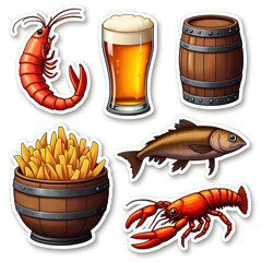 Cartoon stickers with white outlines on a white background: a tall glass of beer, French fries, fish, lobster, shrimp, and a beer barrel.