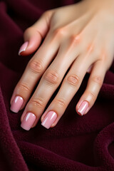 A woman's hand with a delicate pink manicure against a background of maroon velvet fabric