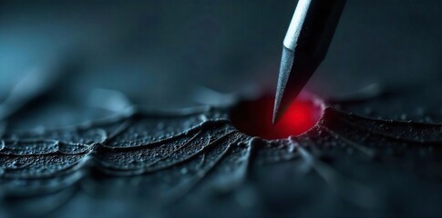 Sharp Metallic Object Piercing Dark Material, Intense Pain Concept; Close-up Image