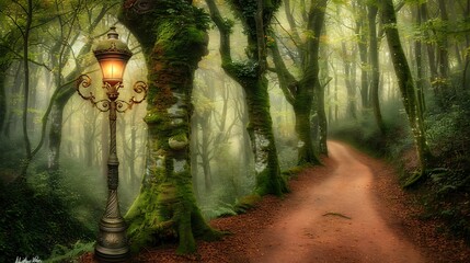 Enchanted forest path illuminated by antique lamppost beckons visitors into a mystical woodland