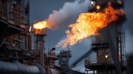 Industrial gas flare ignition oil refinery photography urban landscape close-up view energy production concept