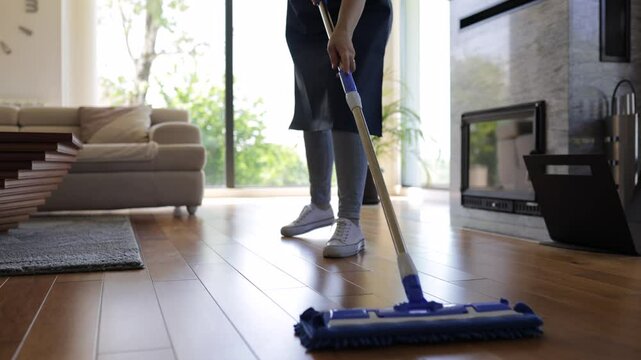 A person is seen mopping hardwood floors in a bright and airy living room. The action highlights the importance of cleanliness while showcasing the elegant interior design elements.