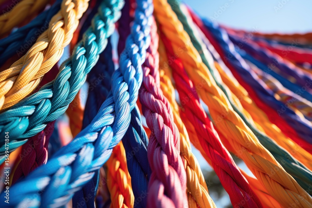 Poster intertwined ropes in vibrant colors hanging and creating a visually appealing pattern, adding a touc