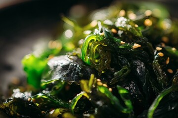 Nori and wakame salad with pickled seaweed and sesame dressing.