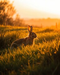 Obraz premium Rabbit resting in sunset field nature scene golden light serene environment side view tranquil concept