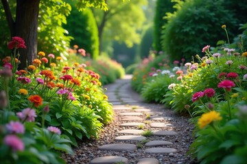 Winding Garden Path to a Secret Garden Lush Greenery, Vibrant Blooms, and Decorative Stones Lead the Way on a Sunny Summer Day, Perfect for Landscaping and Garden Design Inspiration.