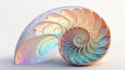 Nautilus shell spiral on blue background with abstract sea pattern