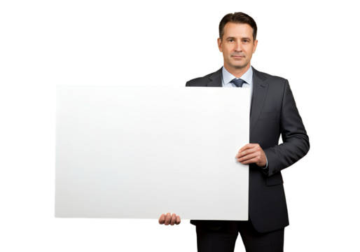 Businessman holding a blank sign with copy space on transparent background 
