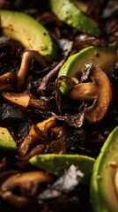 Nori salad with sauteed mushrooms and avocado.