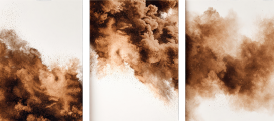 Abstract swirls of light brown powder on white background