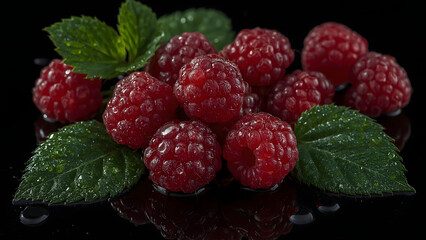 Juicy ripe raspberries and raspberry leaves with water droplets on a dark, stylish background