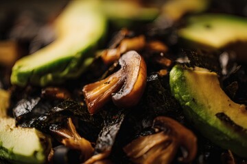 Nori salad with sauteed mushrooms and avocado.
