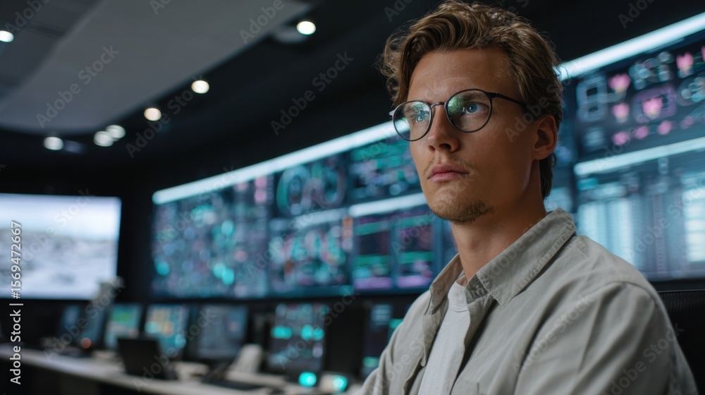 Poster monitoring cybersecurity operations control room digital interface high-tech environment professiona