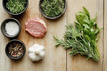 Fresh herb and spice arrangement with raw steak and garlic on gray background