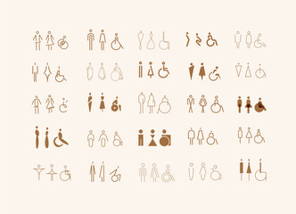 WC icons, stylish and modern design for male, female, accessible restrooms drawing on beige bg.