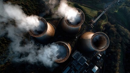 Industrial power plant emission control urban area aerial view environmental impact technology in energy production