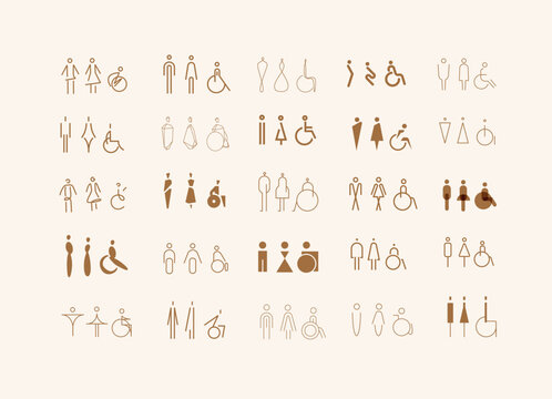 WC icons, stylish and modern design for male, female, accessible restrooms drawing on beige bg.