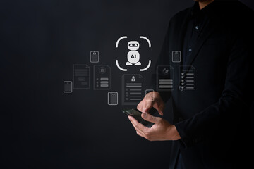 The Business man using AI robots to help analyze and increase efficiency in business