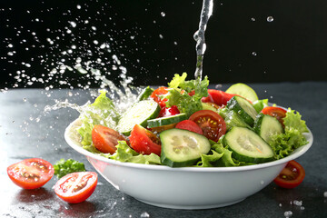 Vibrant salad with cucumber, tomato, and lettuce in refreshing water splash