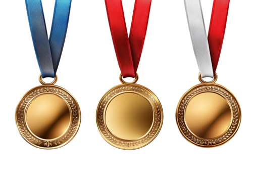 Three gold, silver, and bronze medals hanging
